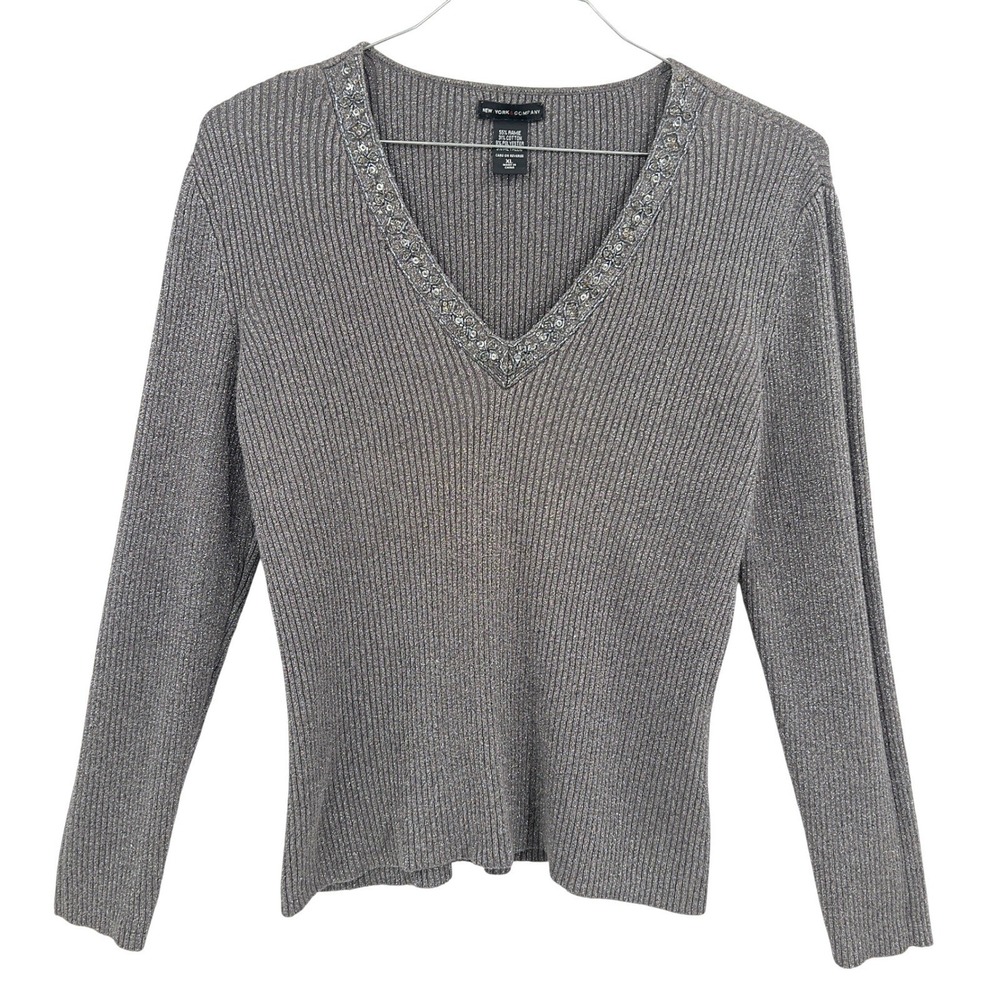 New York &‎ Company Women's Gray Metallic Beaded V-Neck Ribbed Cotton Sweater XL
